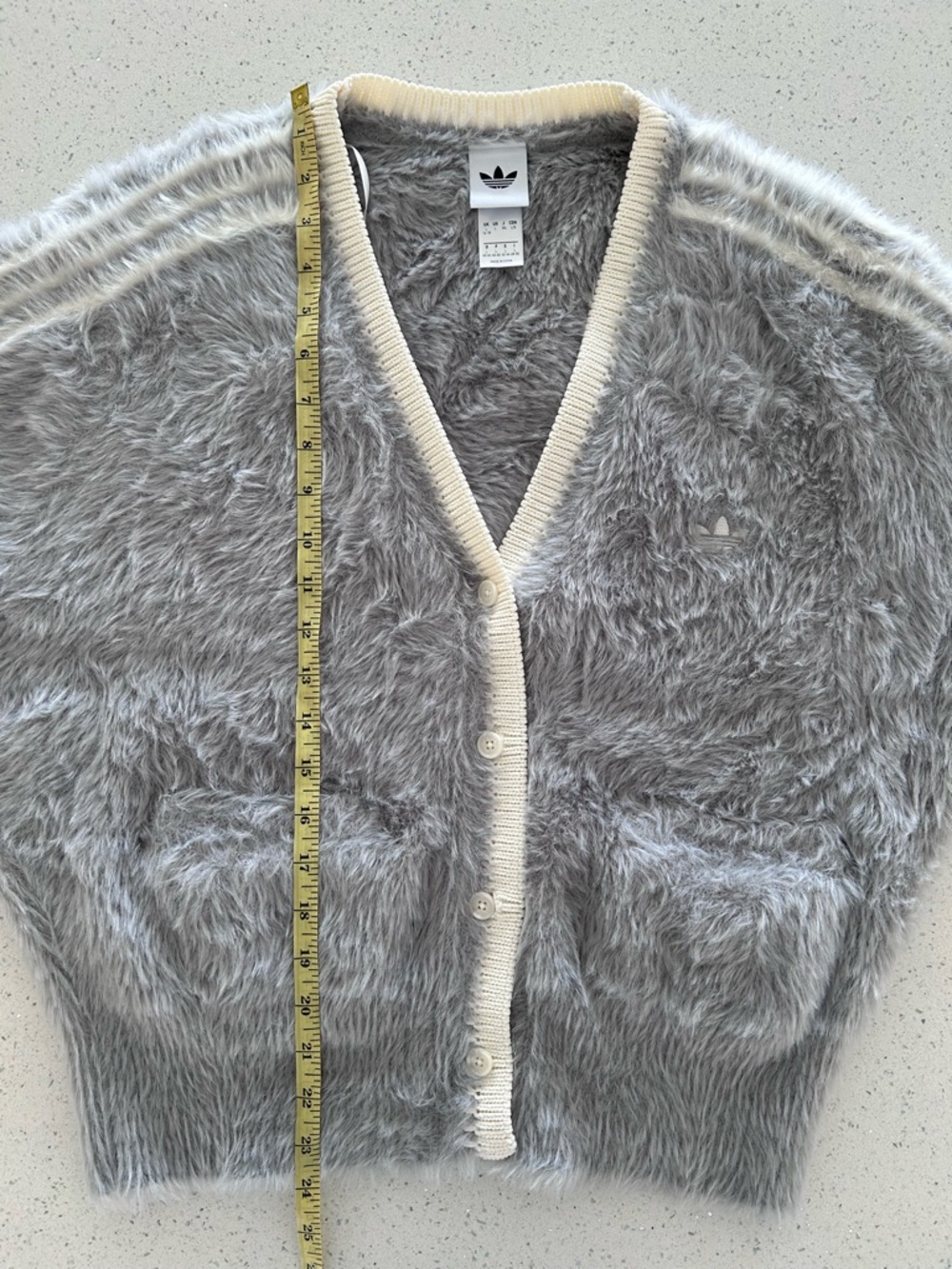 adidas Light Grey Fuzzy V-Neck Cardigan with Cream Trim Asia Exclusive US Large - Picture 14 of 14